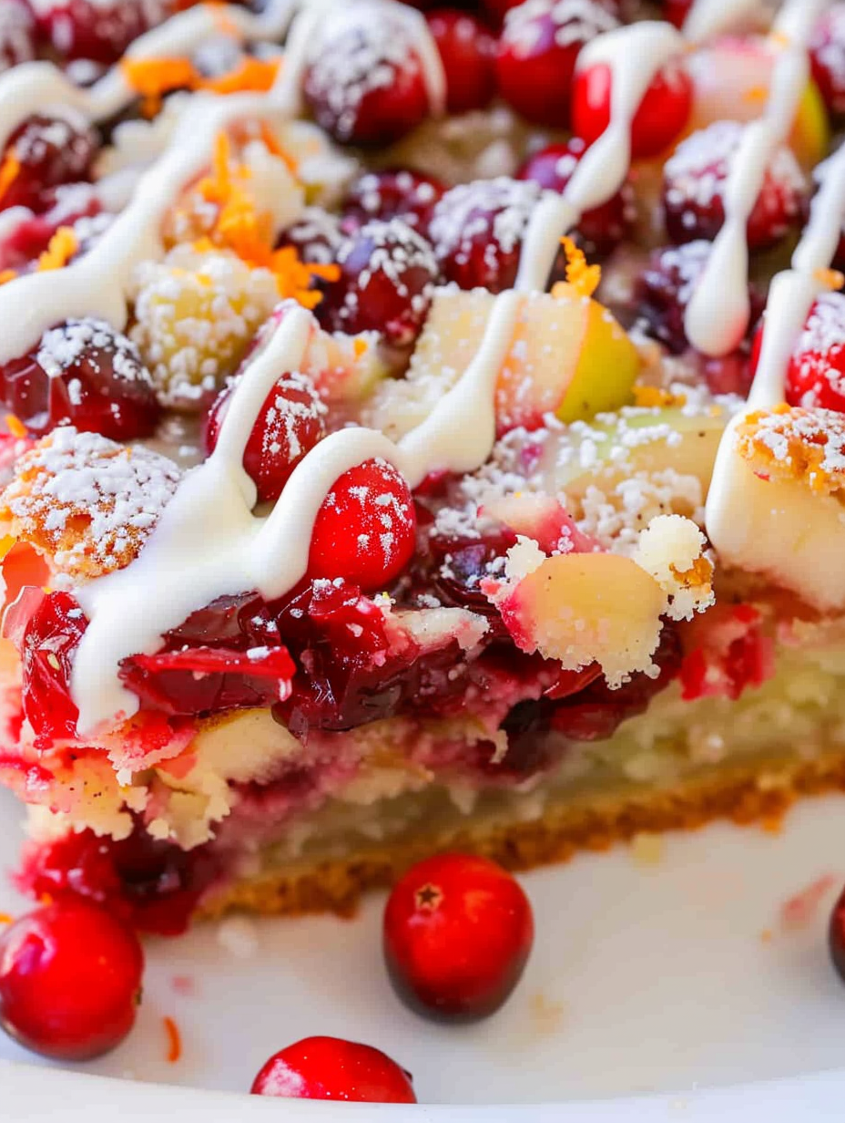 Sliced cranberry apple cake with orange zest