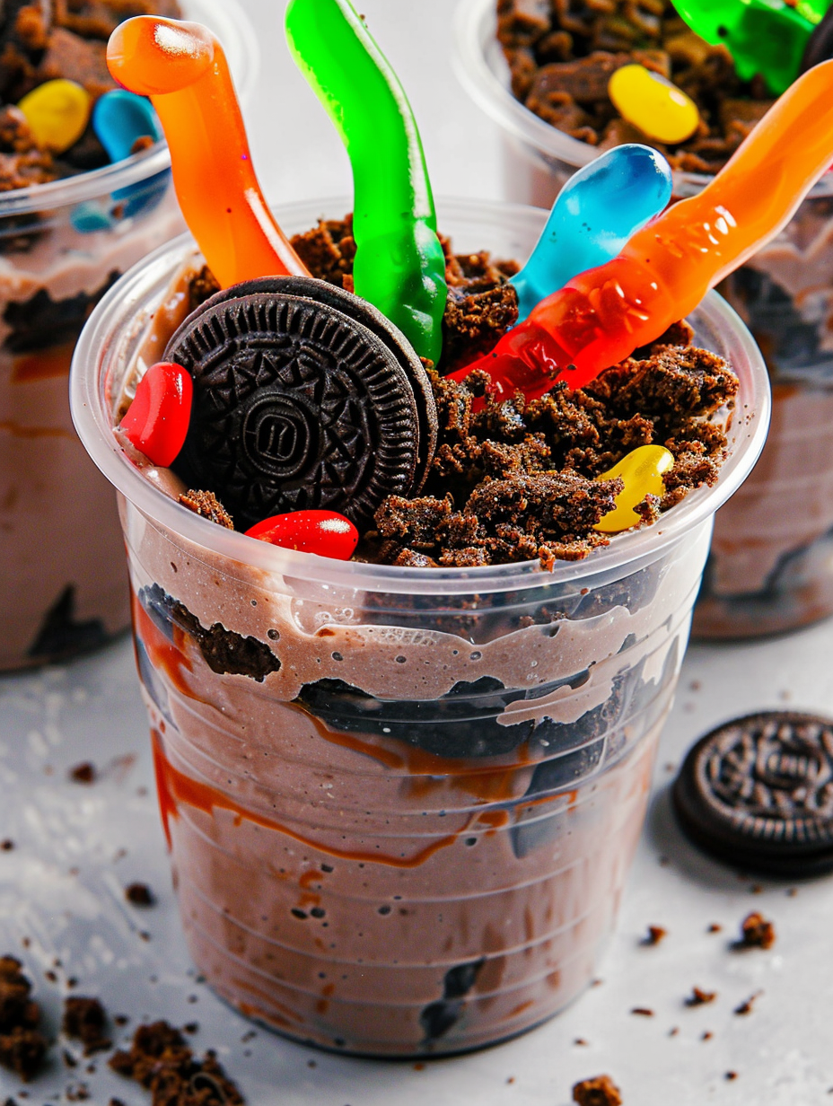 Garnished pudding cups with gummy worms