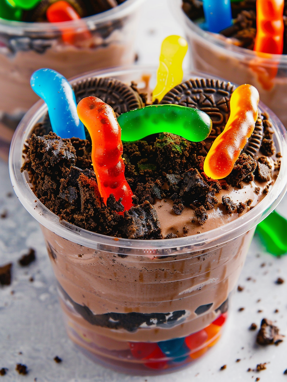Close-up of Oreo crumbs and pudding in clear cups