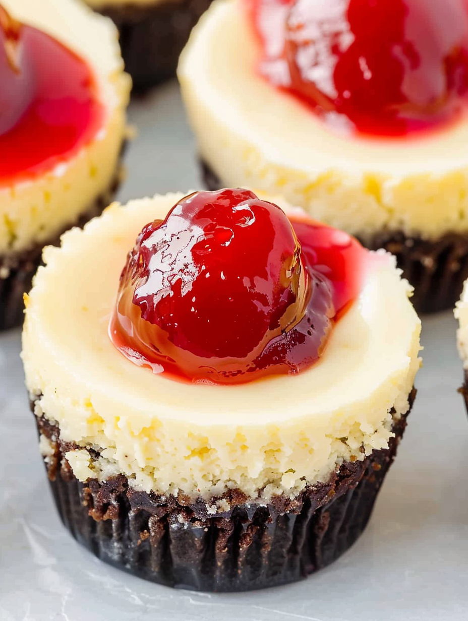 Mini cherry cheesecakes cooling in a muffin tin