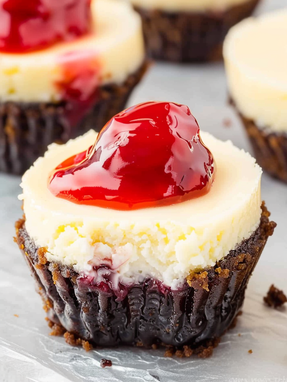 Close-up of a mini cherry cheesecake with glossy cherry topping