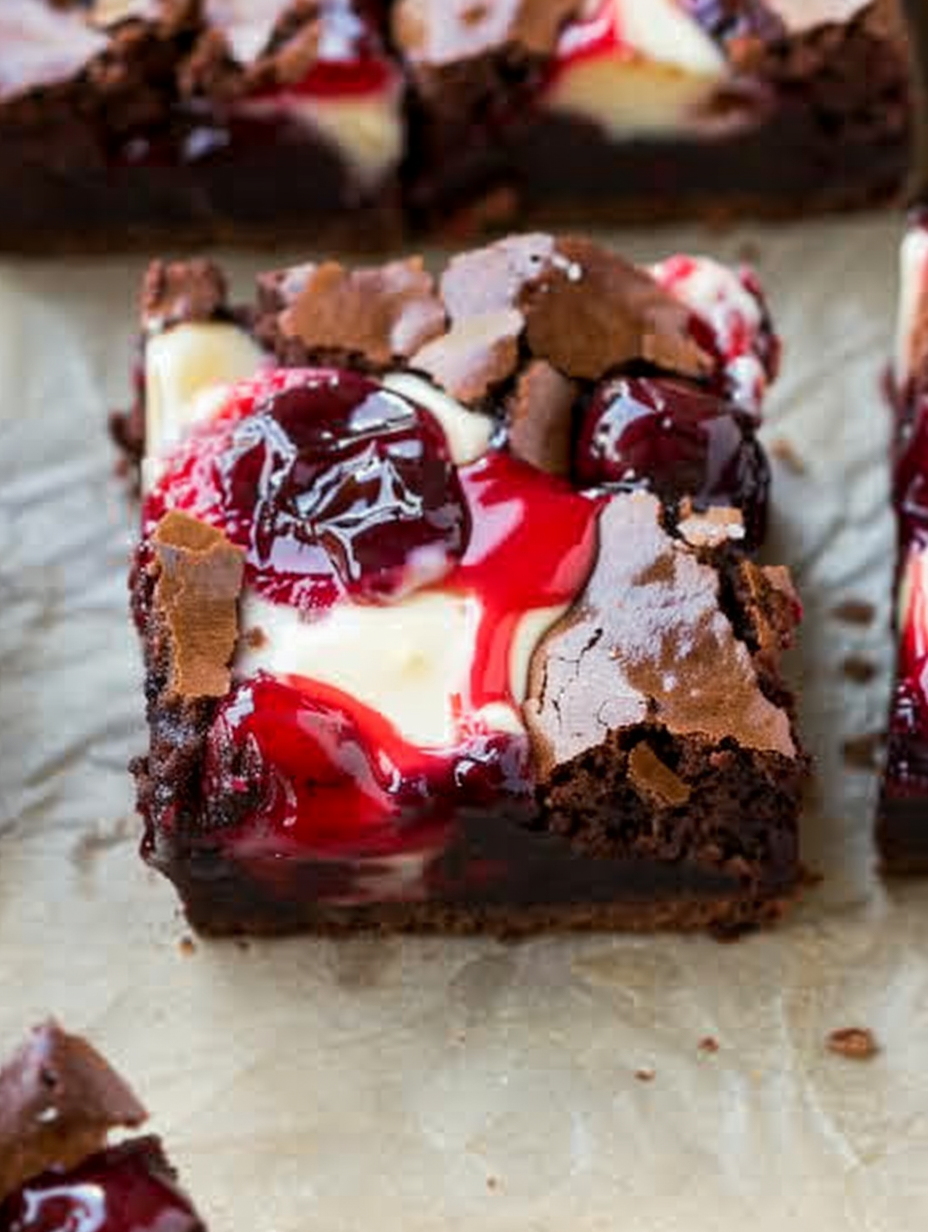 Sliced Cherry Cheesecake Brownies on a plate