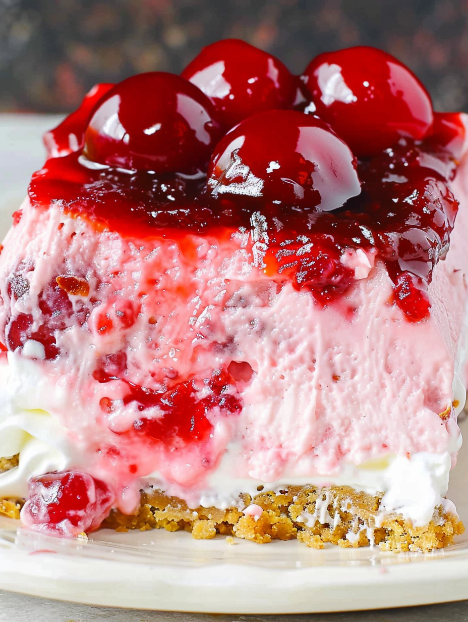 Cherry Cheesecake Lush layered squares in a 9x9 pan