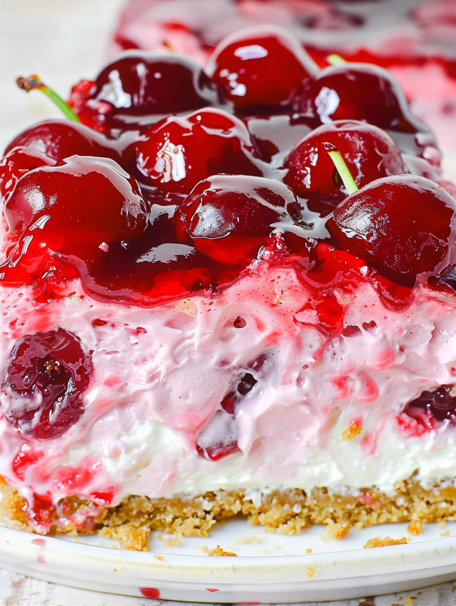 Close-up of cherry topping and creamy layers