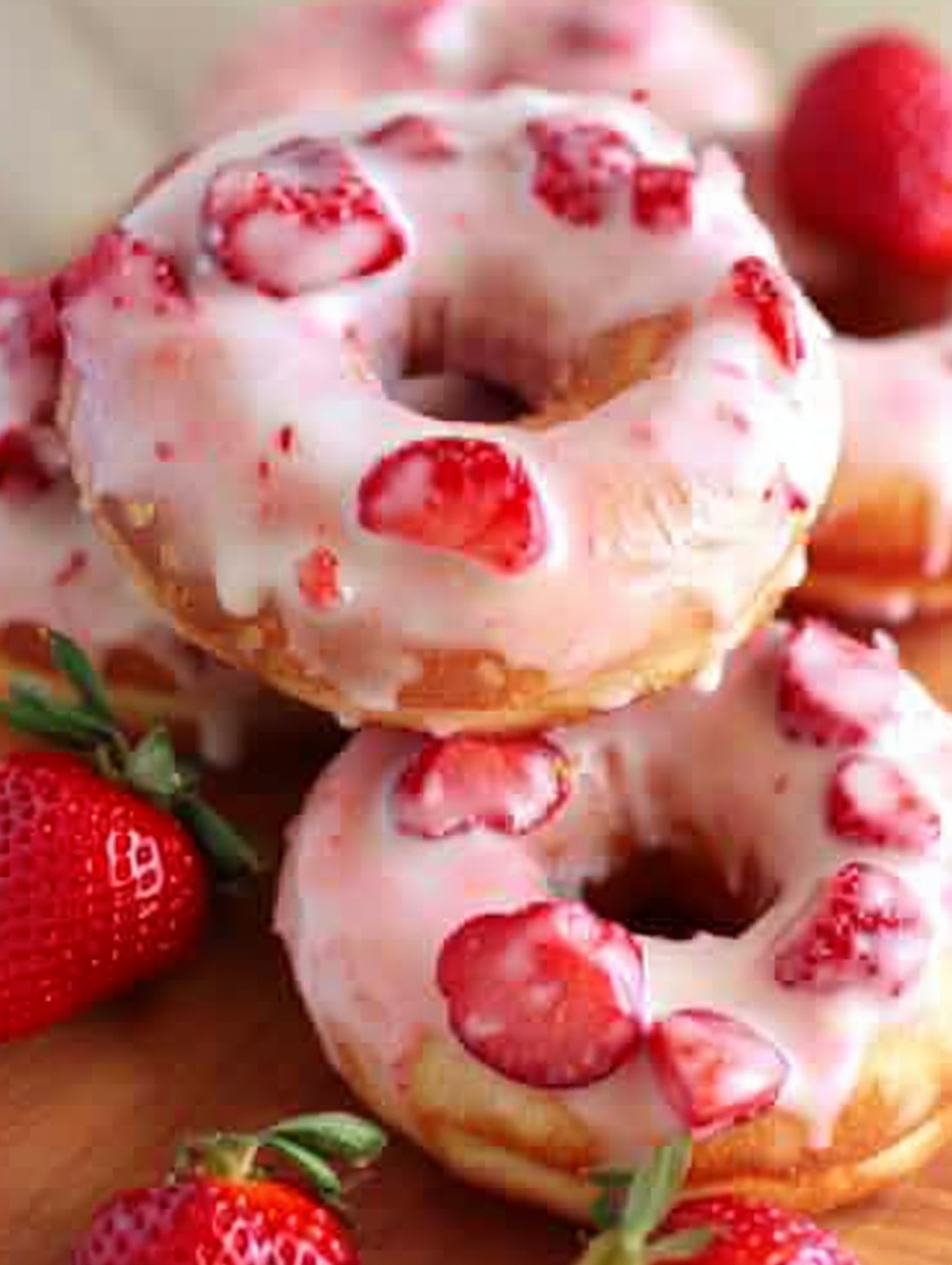 Fresh baked strawberry buttermilk doughnuts cooling on a rack