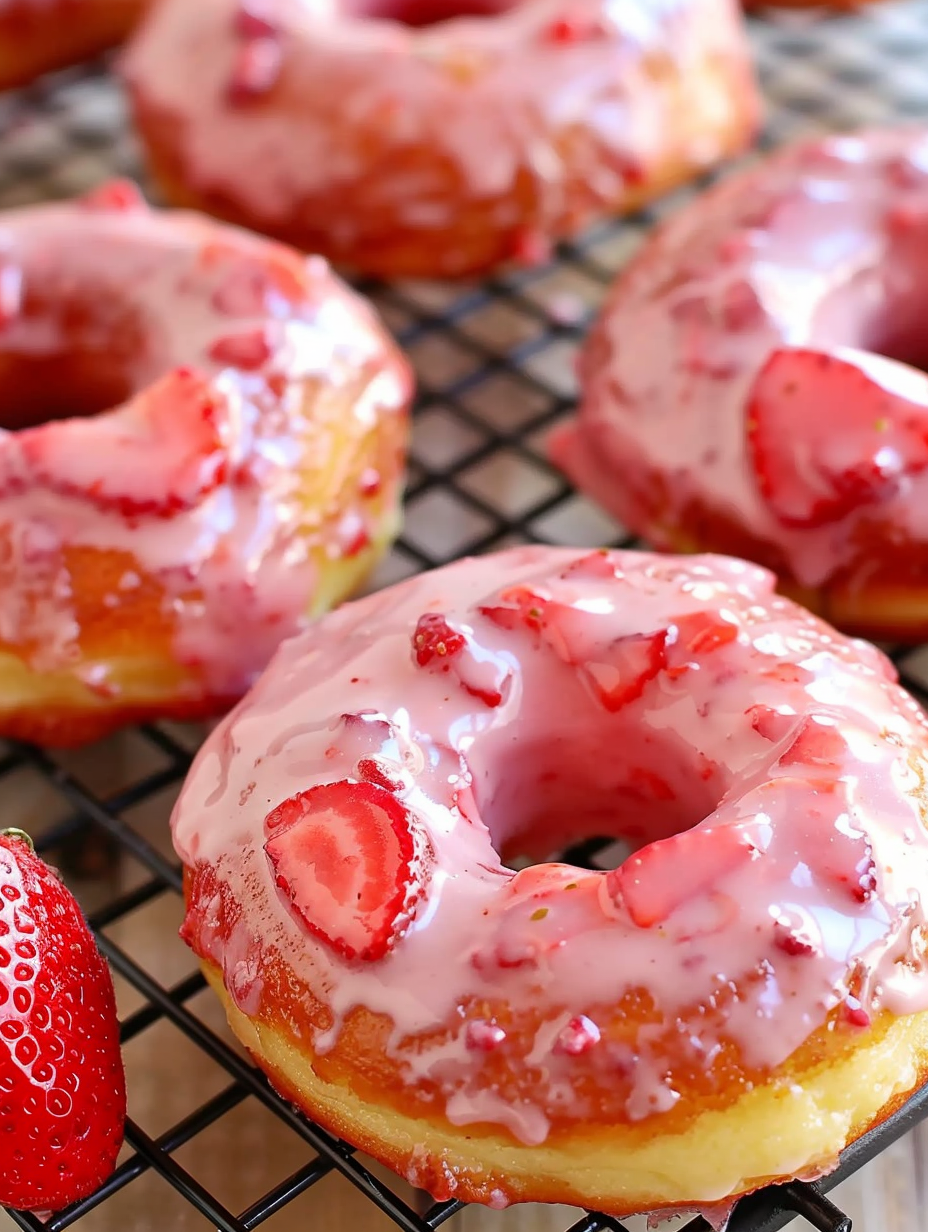 Glazed strawberry buttermilk doughnuts on a serving tray