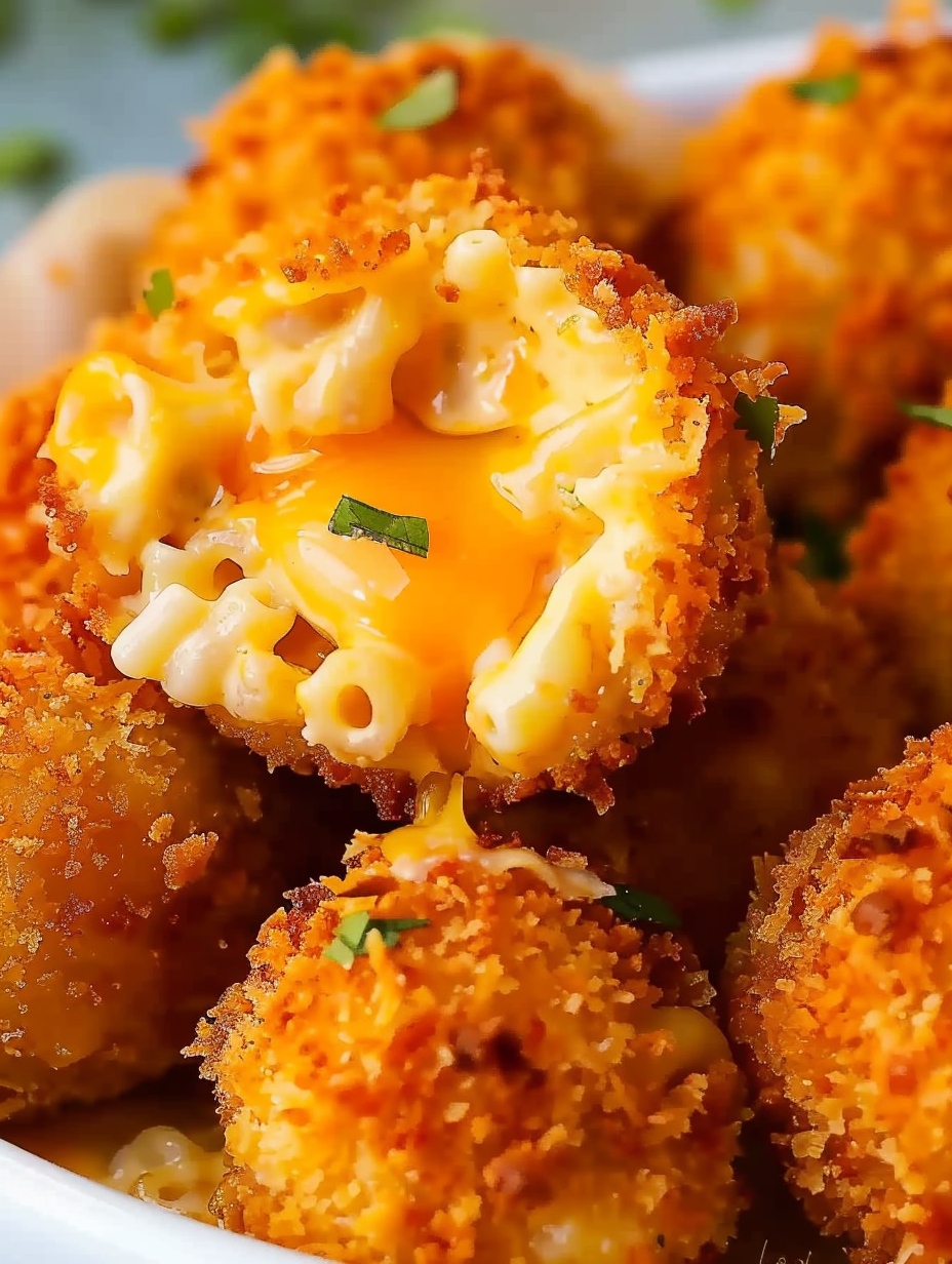 Close up of a golden mac and cheese ball split open