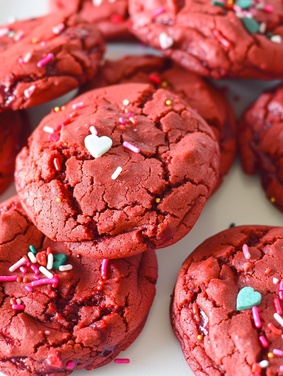 Red velvet cake mix cookies on a baking sheet