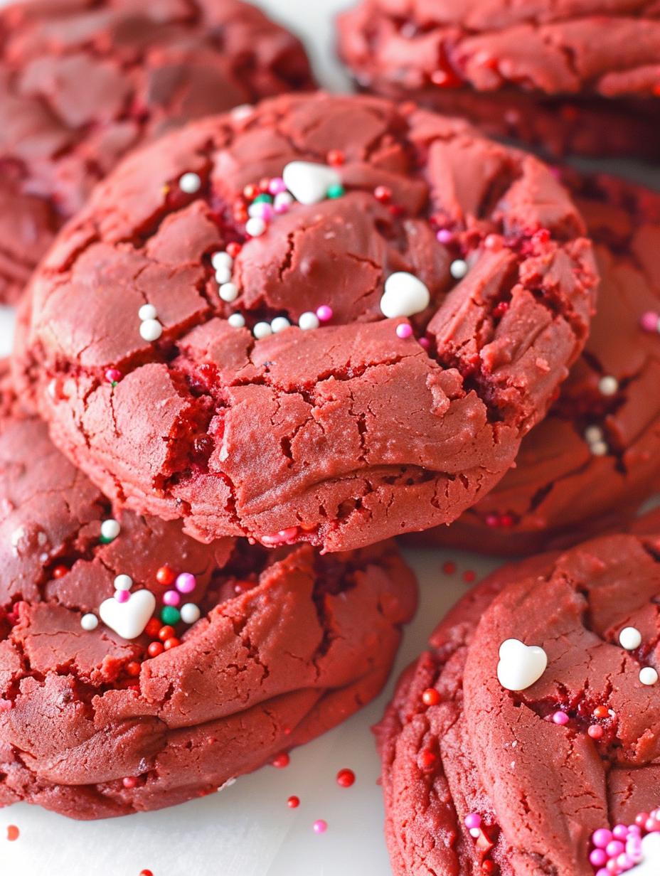 Close-up of a red velvet cookie with heart sprinkles