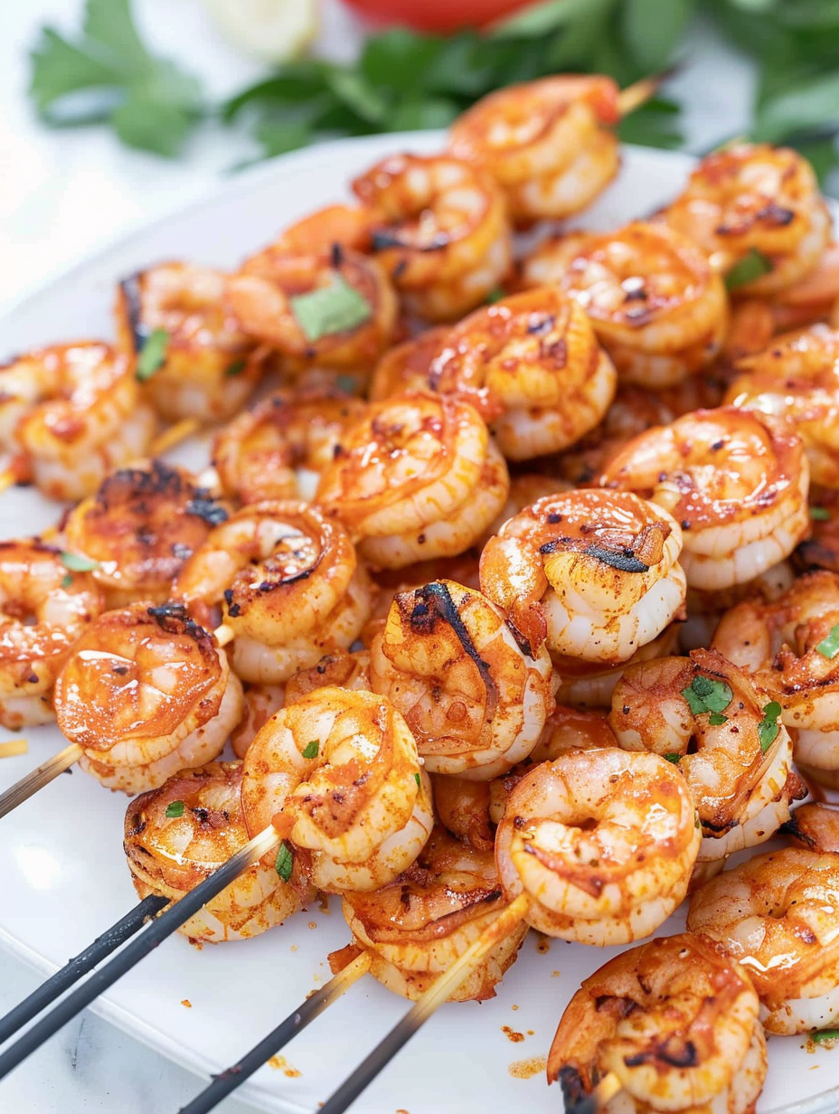Grilled shrimp skewers on a hot grill with char marks