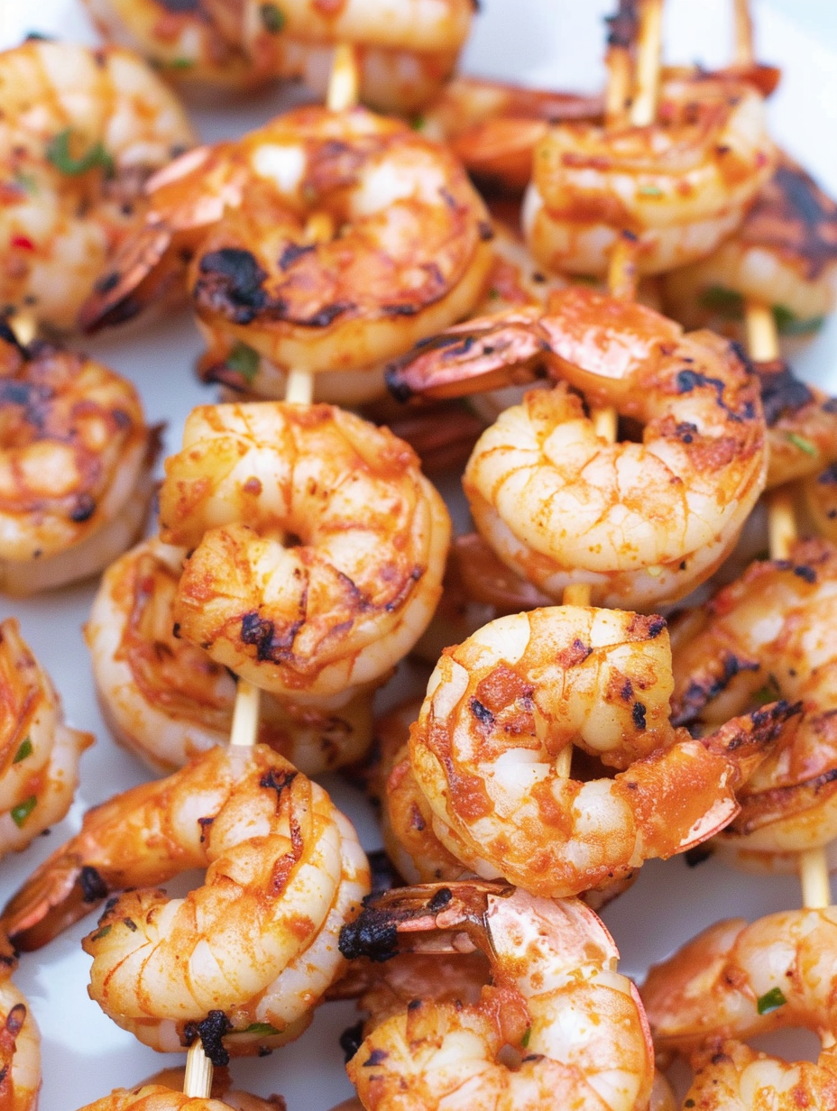 Plated spicy grilled shrimp skewers garnished with lemon and herbs