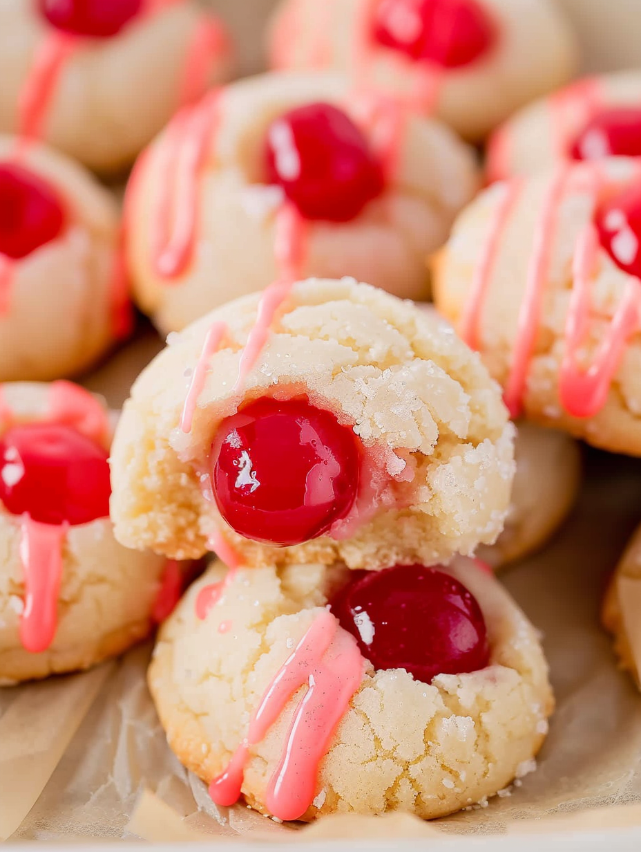 Cherry Shortbread Cookies on a cooling rack with glazing