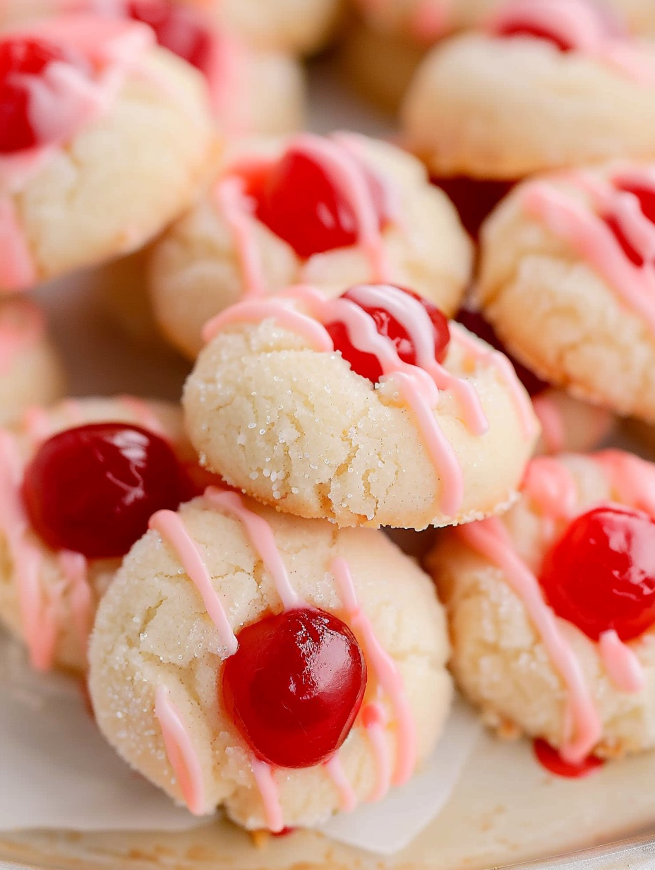 Close-up of a cut Cherry Shortbread Cookie showing the cherry center