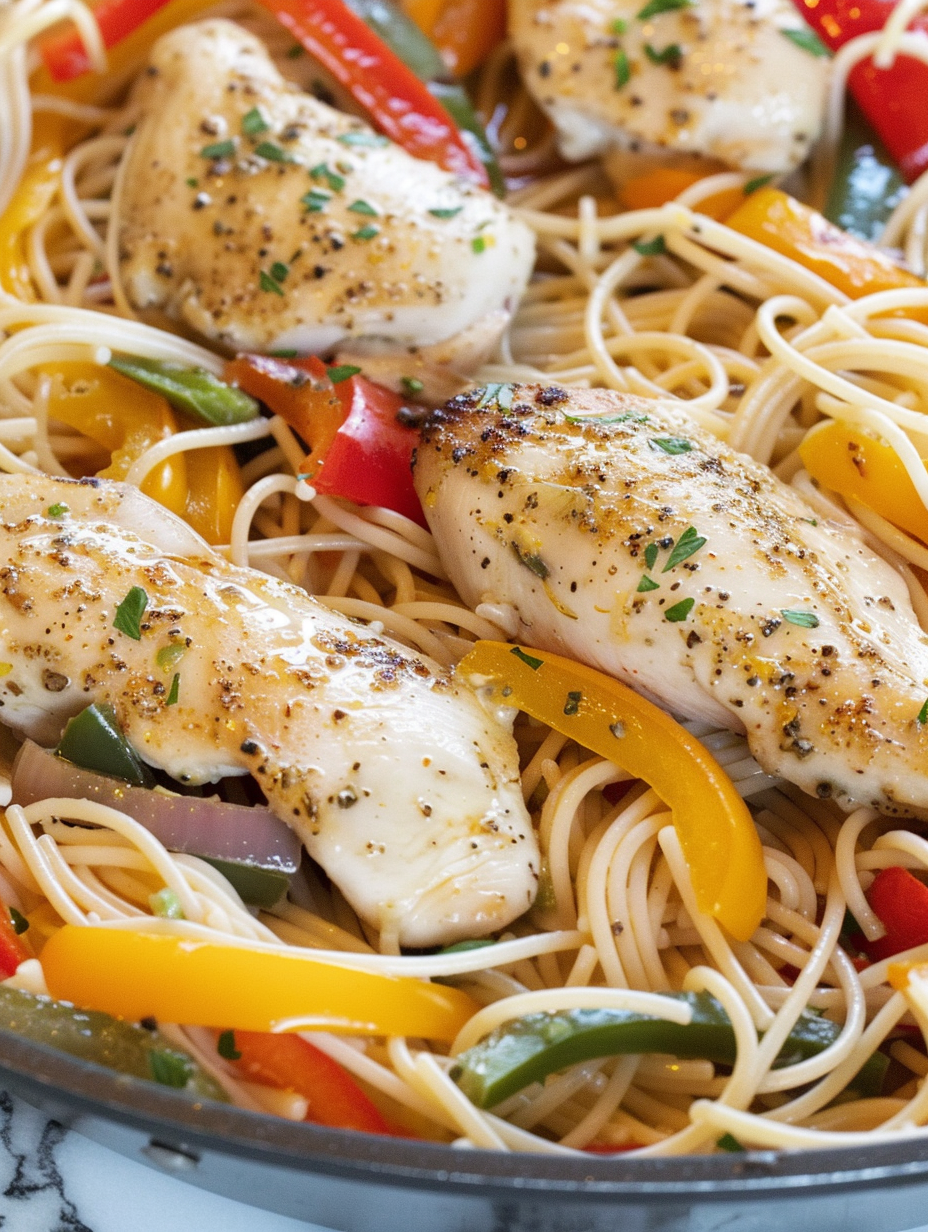 Chicken scampi in skillet with peppers and pasta