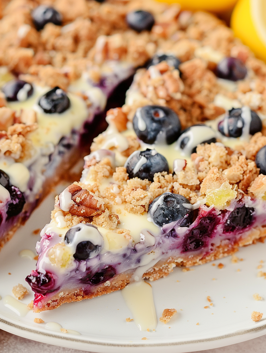 Lemon blueberry dessert pizza on a pan