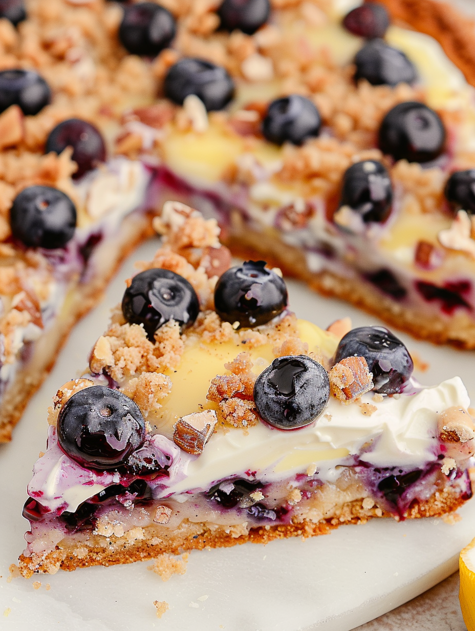 Slice of lemon blueberry dessert pizza on a plate