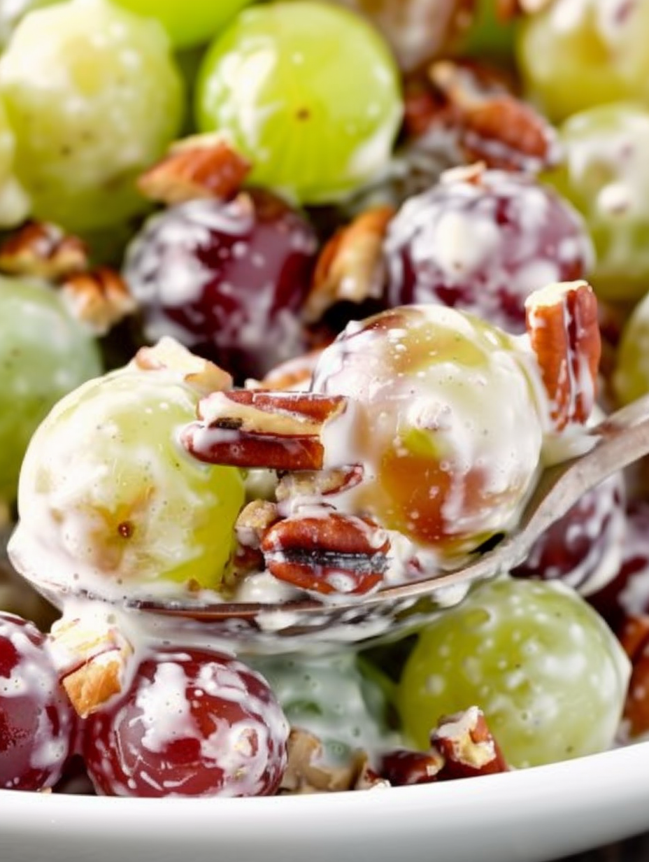 Grape salad in a white bowl with pecans and brown sugar
