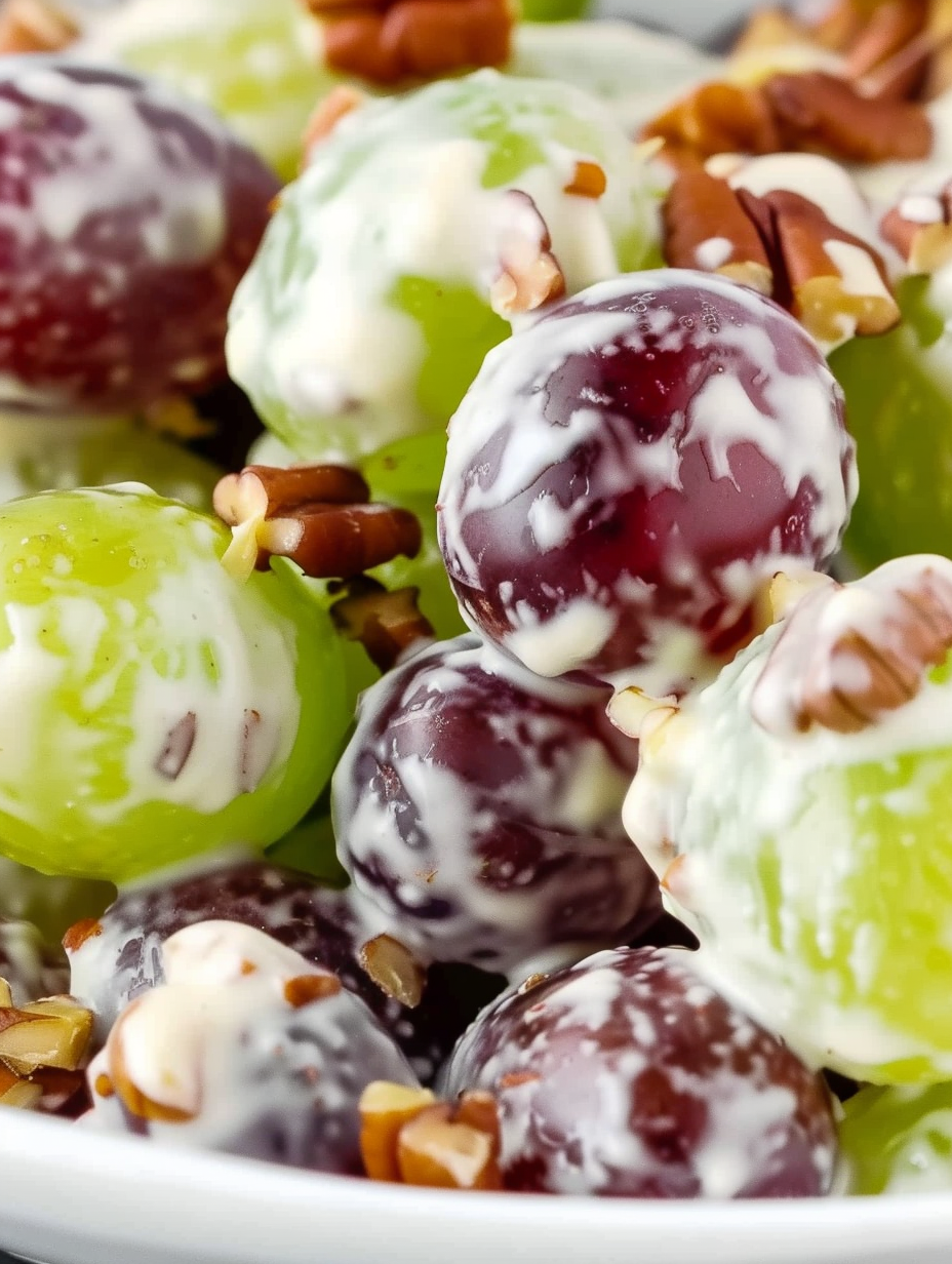 Close-up of grape salad topping with brown sugar and pecans