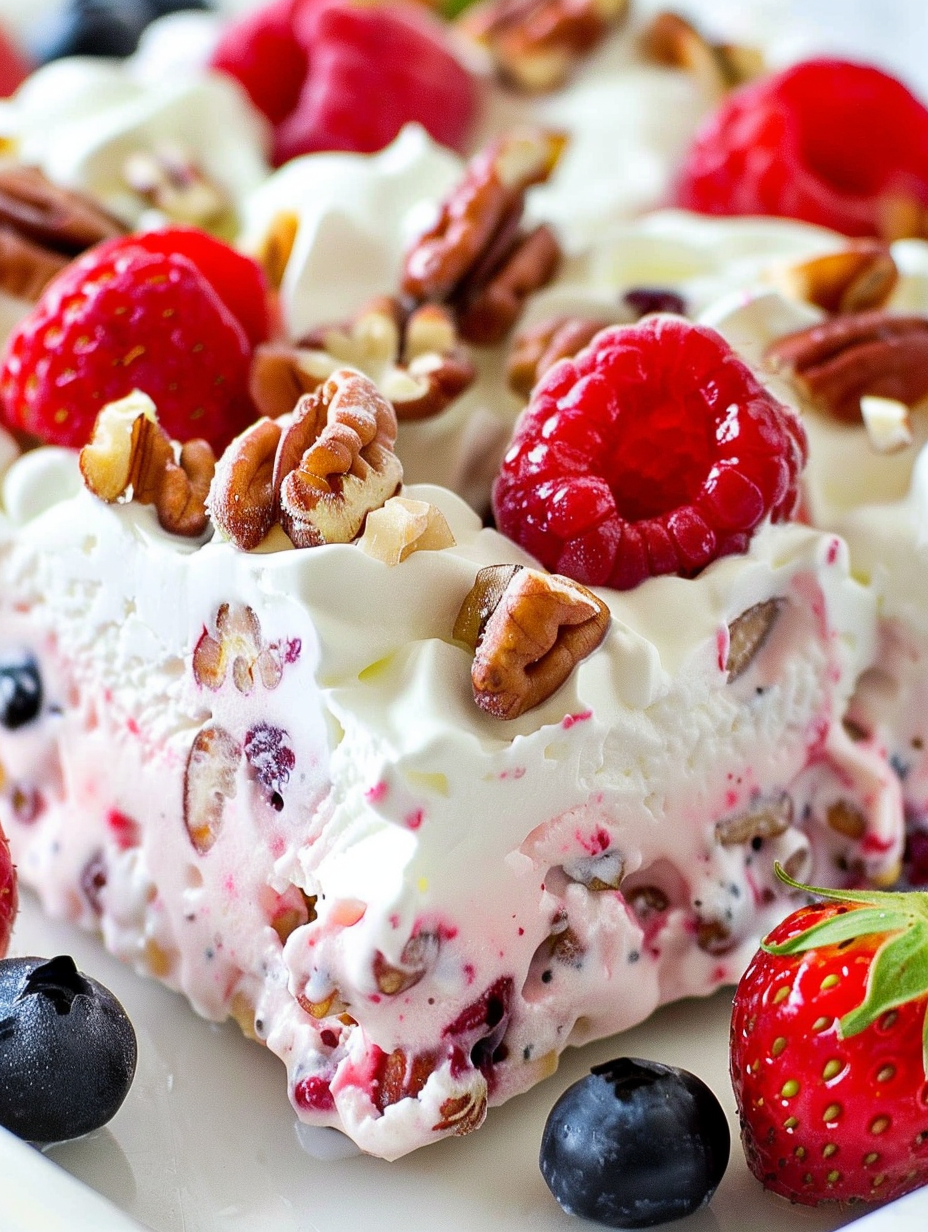 Frozen berry fruit salad sliced in pan with pecans