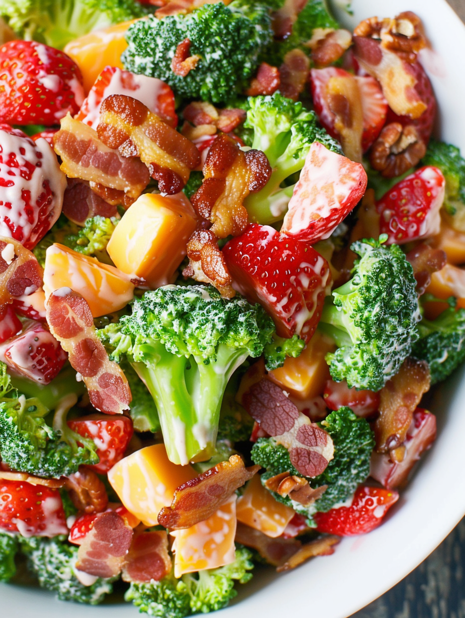 Broccoli Strawberry Salad with bacon and cheddar in bowl