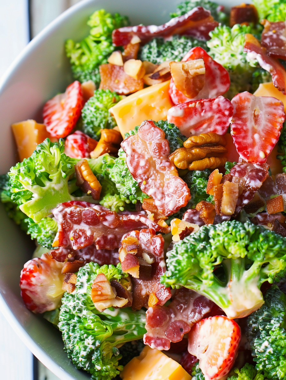 Close up of salad showing strawberries and cheddar