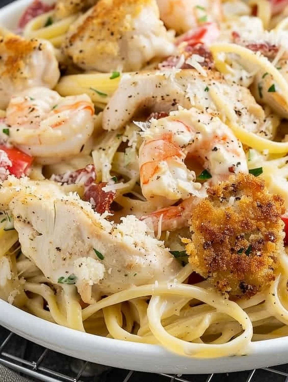Plated chicken and shrimp pasta garnished with parsley