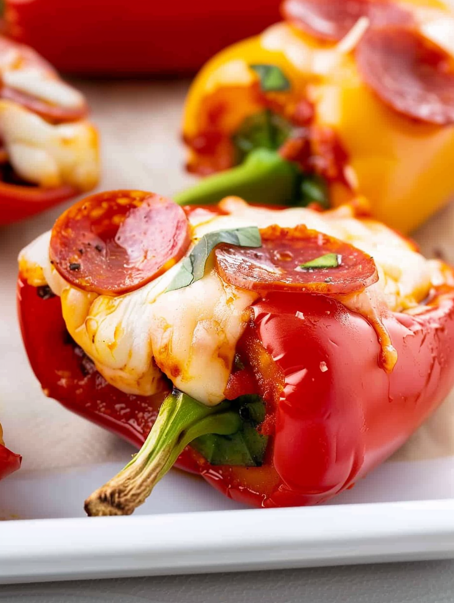 Mini pepper pizzas on a baking sheet, cheese bubbling