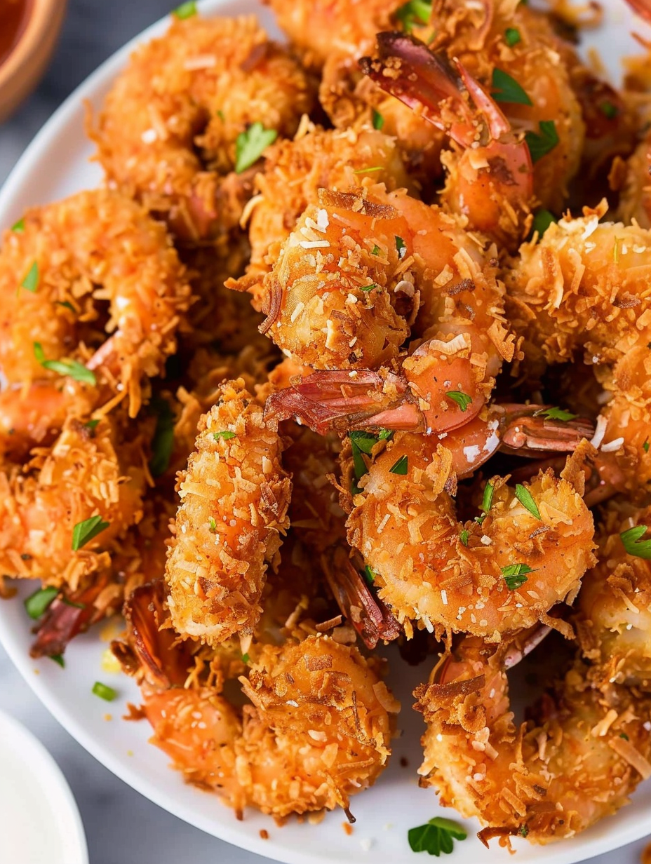 Golden coconut shrimp on a platter with dipping sauce