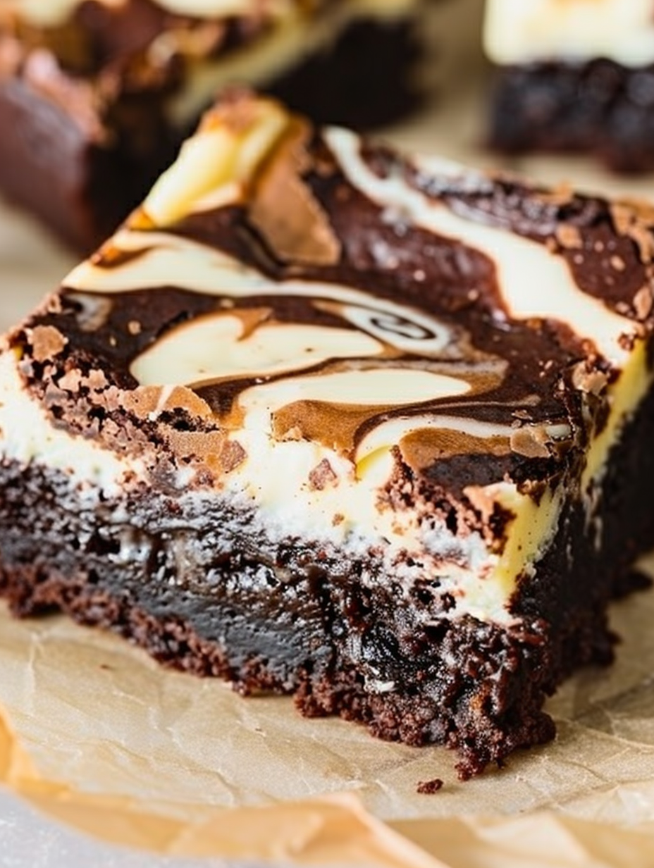Sliced cheesecake brownies on plate