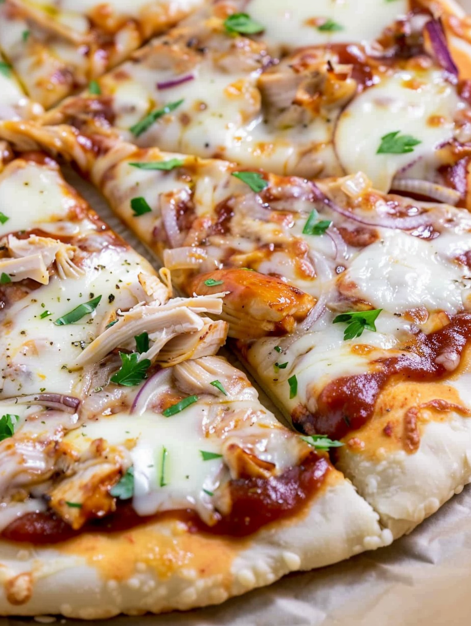 BBQ chicken pizza being slid into oven