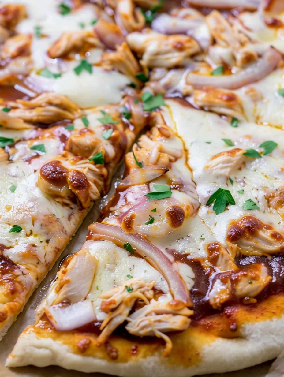 Sliced BBQ chicken pizza ready to serve