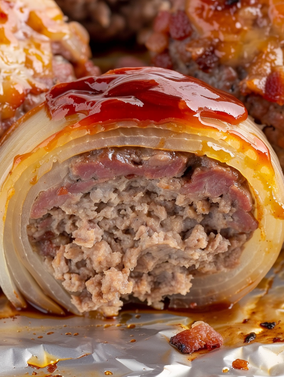 Close-up of baked onion bomb with caramelized barbecue glaze