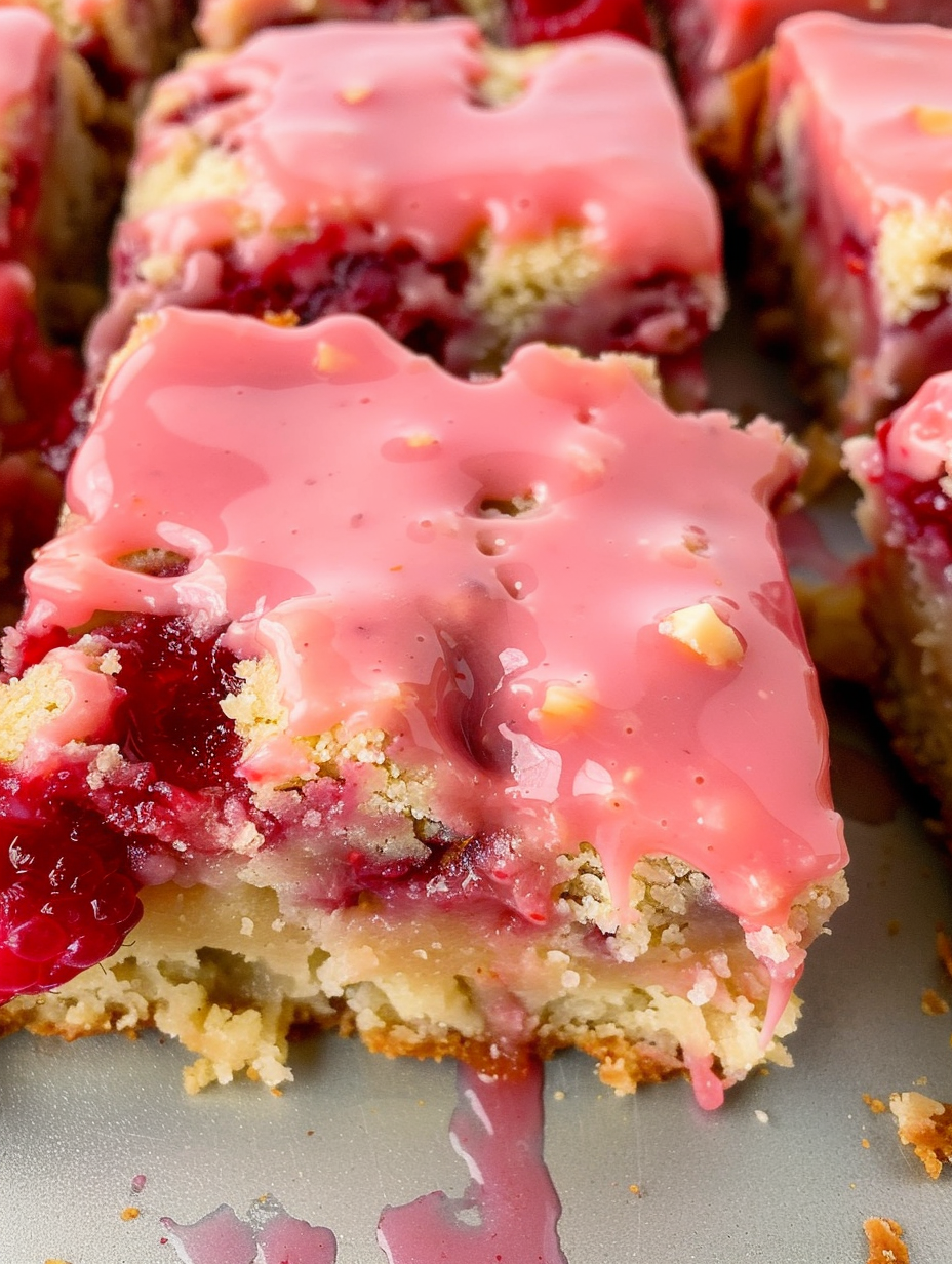 White chocolate raspberry blondies in a baking pan