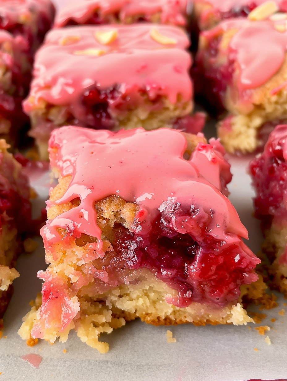 Close-up of sliced blondie with raspberry compote drizzle