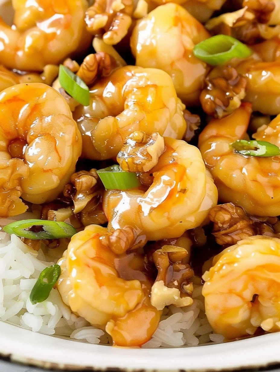 Close up of candied walnuts and shrimp with scallions