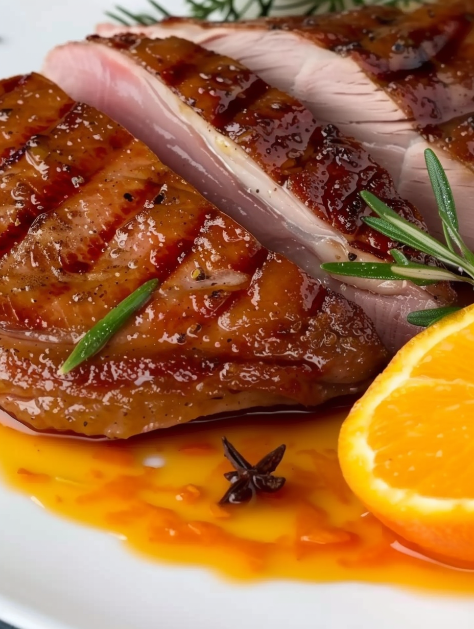 Sous vide duck breast in pan with orange sauce