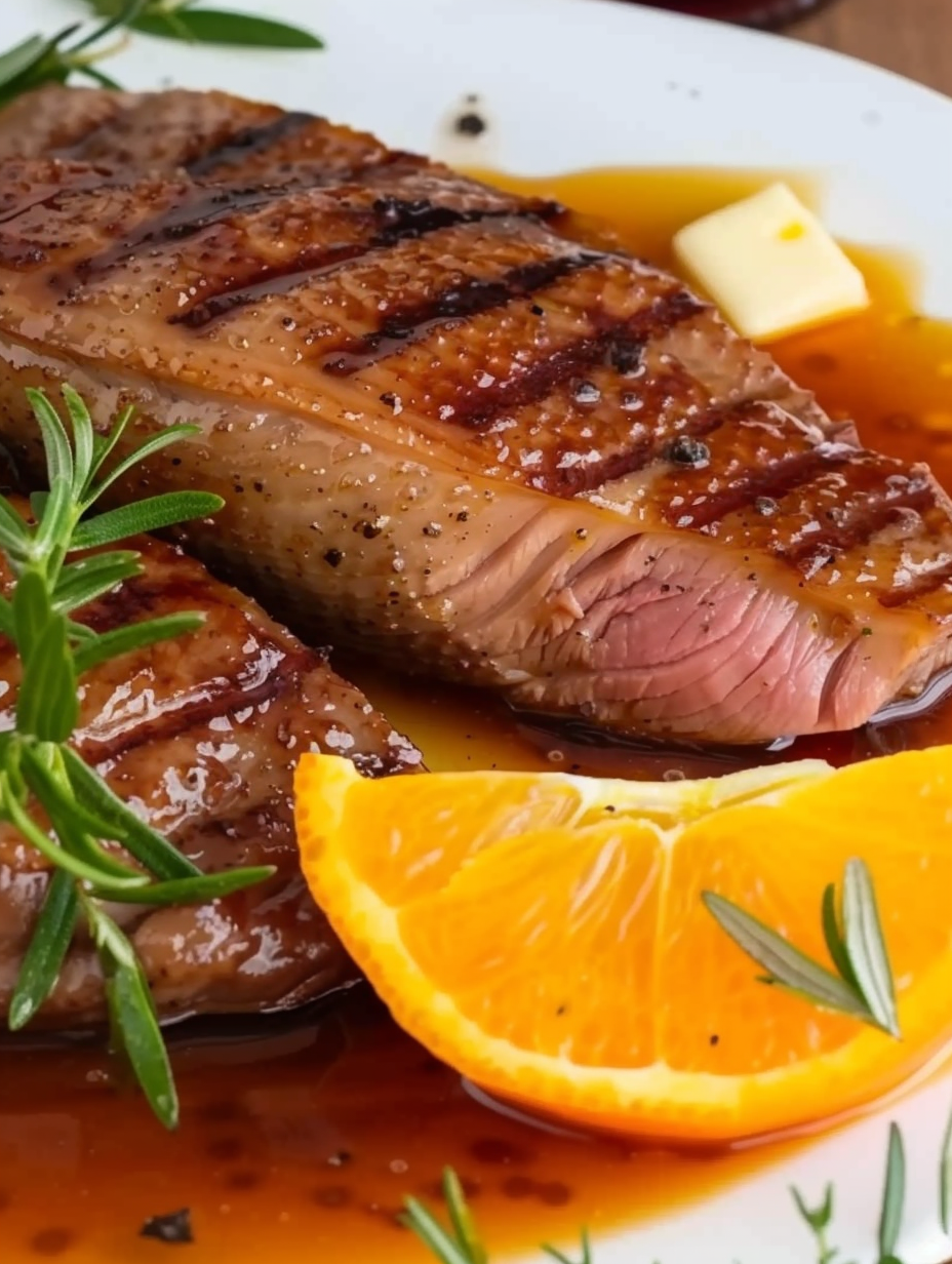 Plated duck breast with orange segments and garnish