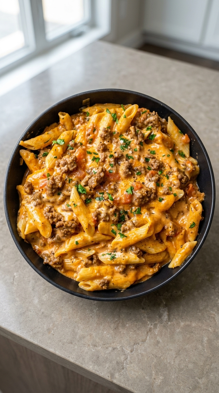 Creamy beef pasta in a skillet, garnished with parsley and Parmesan