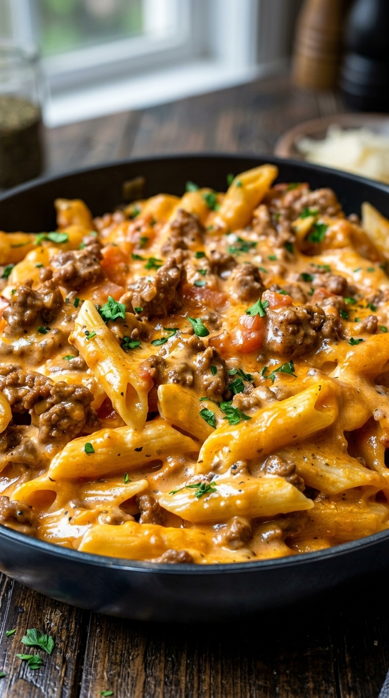 Serving suggestion with creamy beef pasta plated and garnished