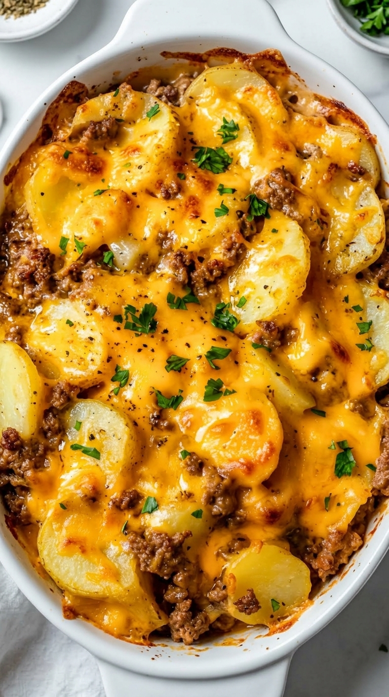 Hobo Casserole straight from the oven, bubbling cheese on top