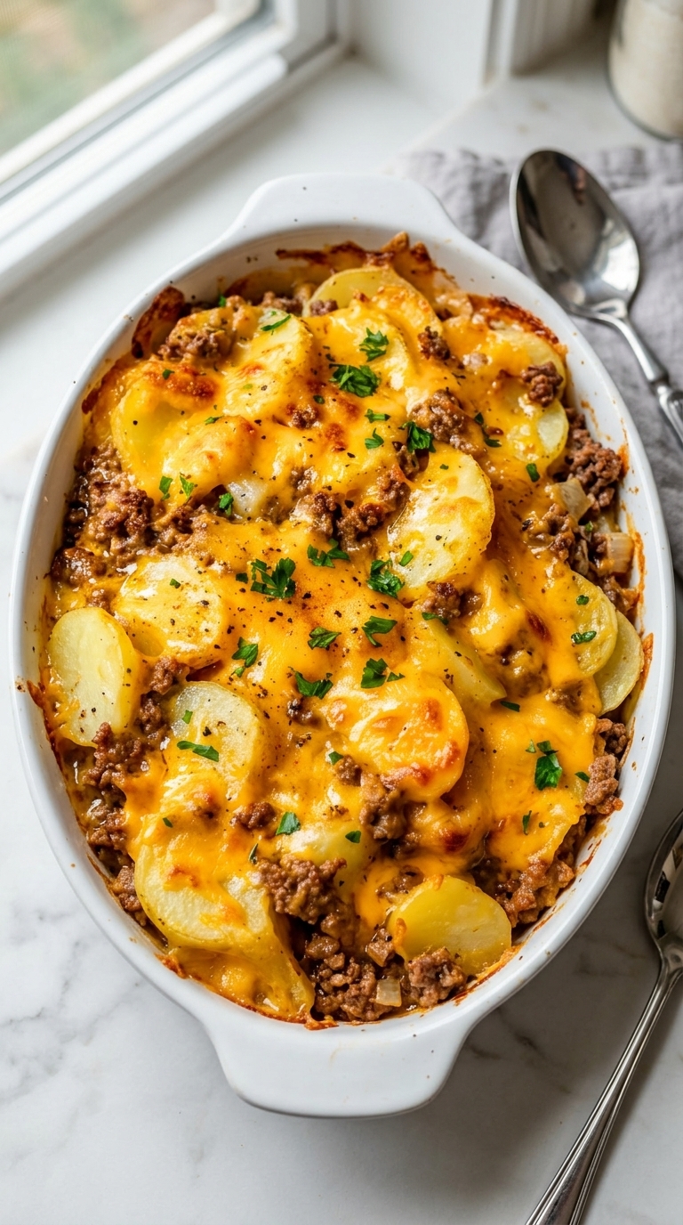 Serving of Hobo Casserole plated with parsley garnish