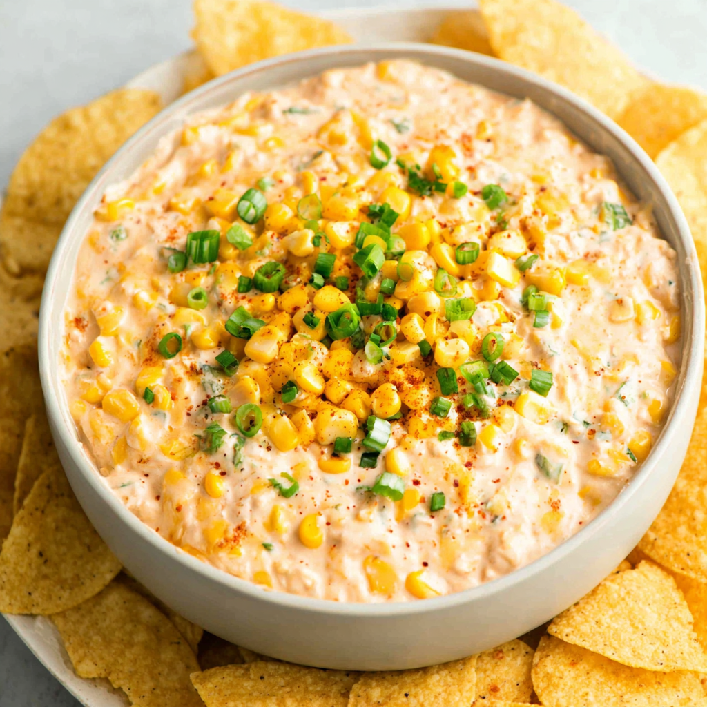 Creamy corn dip in a white bowl with chips