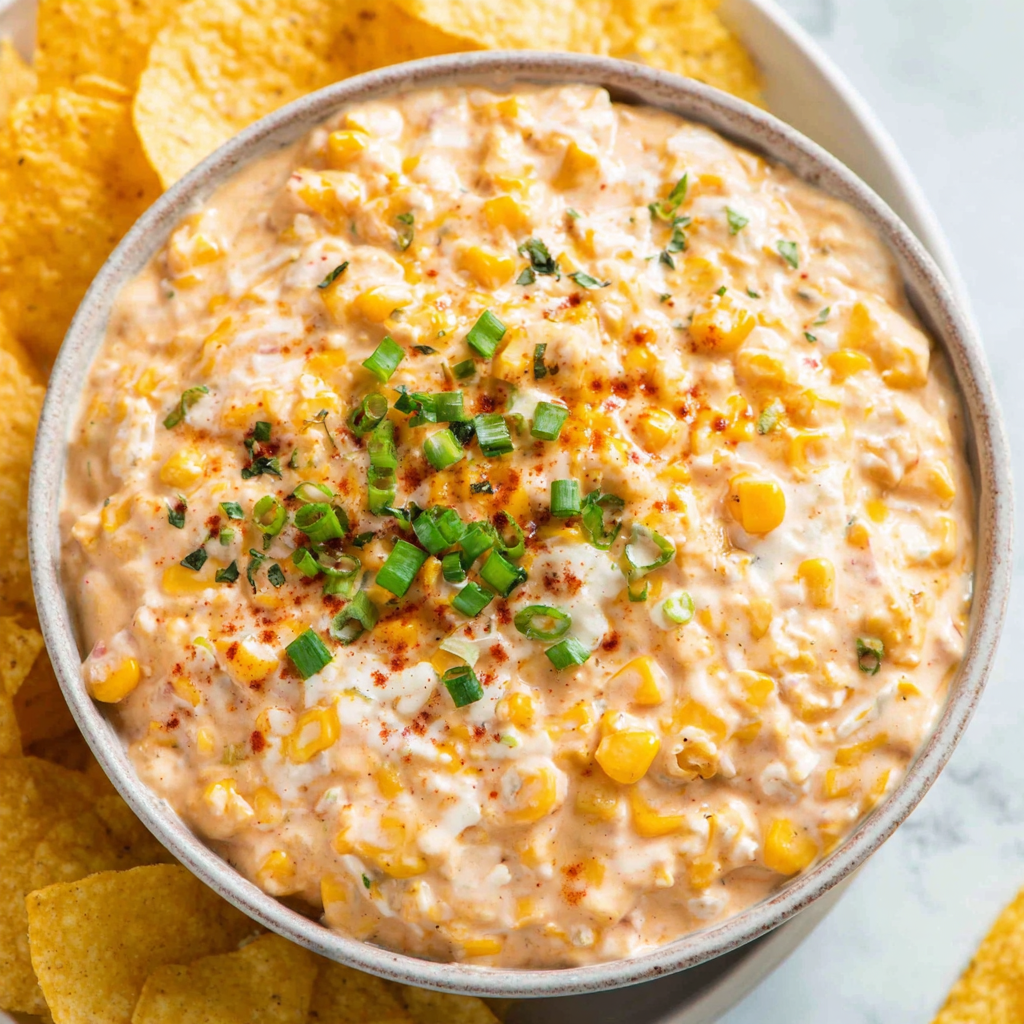 Close up of corn dip with shredded cheddar and green onions