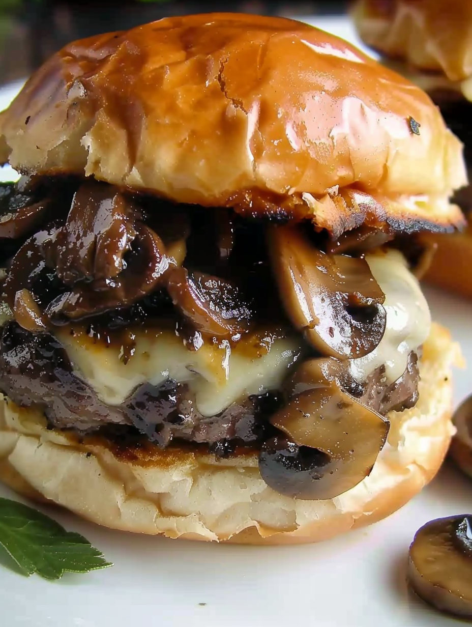 Juicy Mushroom Swiss burger on brioche bun with melted cheese
