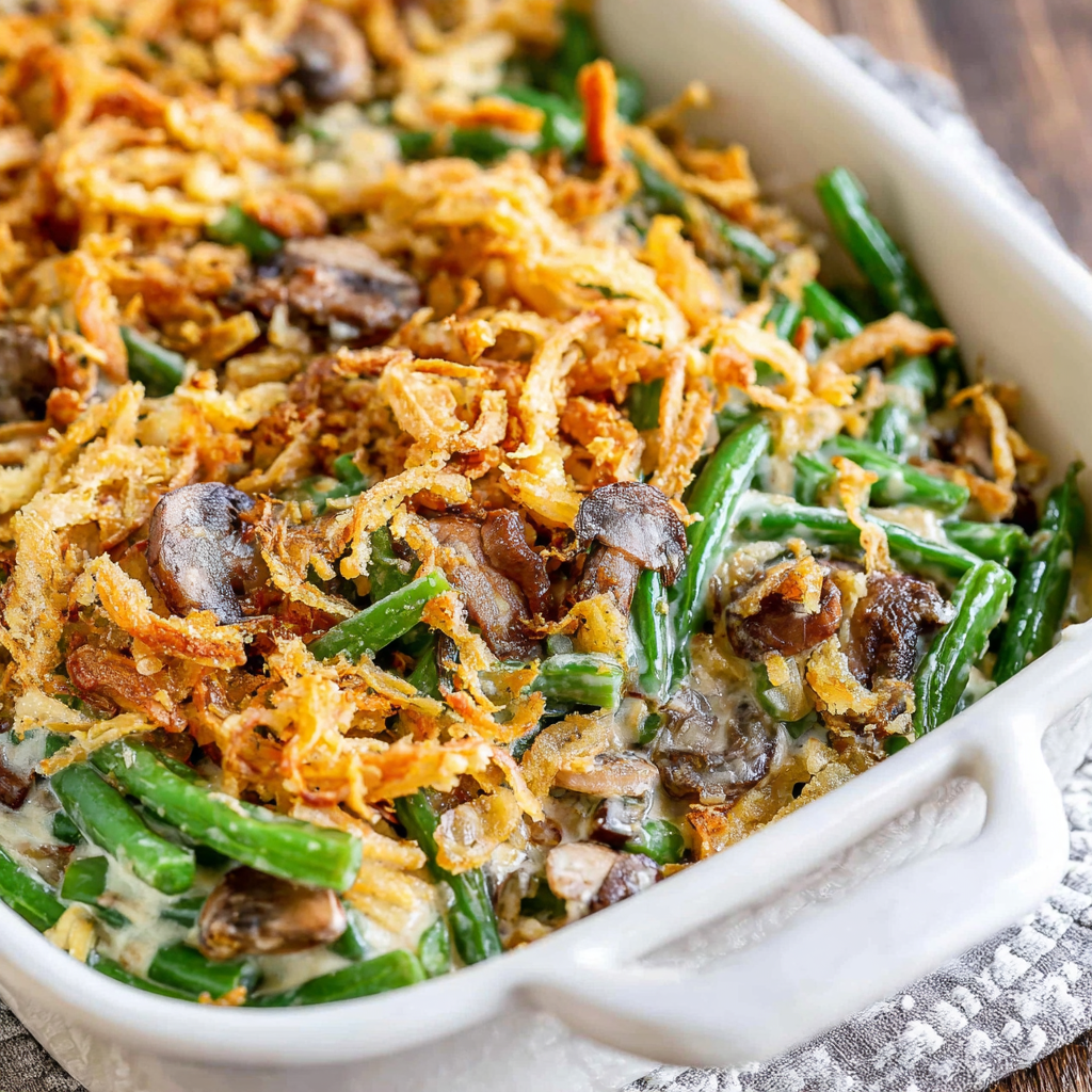 Serving suggestion for green bean casserole on a holiday table