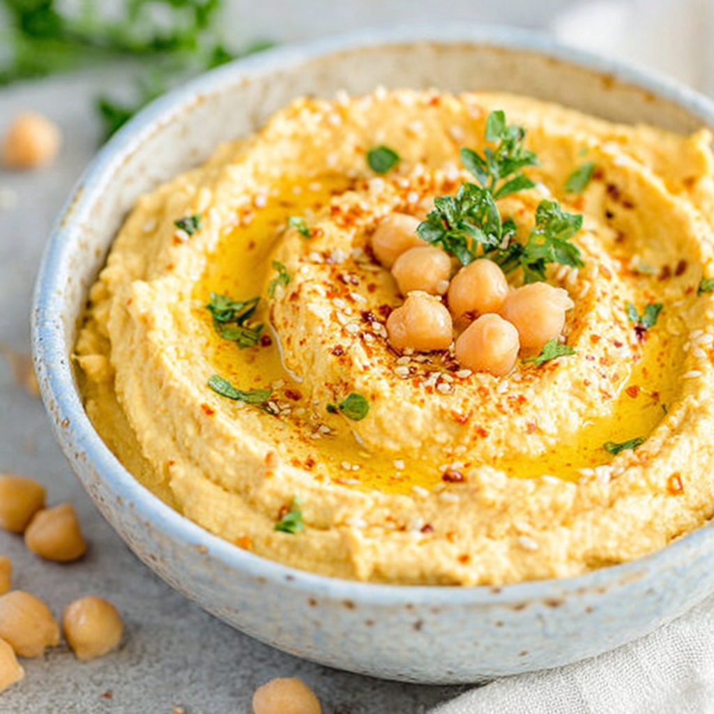 Hummus platter with vegetables and pita wedges