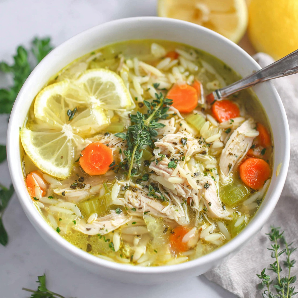 Close-up of orzo, chicken, carrots, and celery in lemony broth
