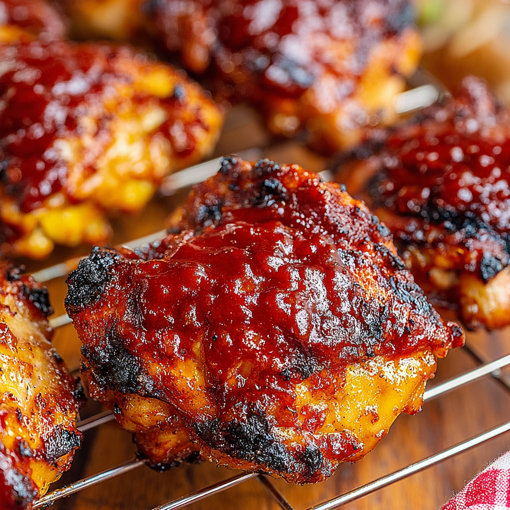 Close-up of lacquered BBQ chicken thigh with grill marks