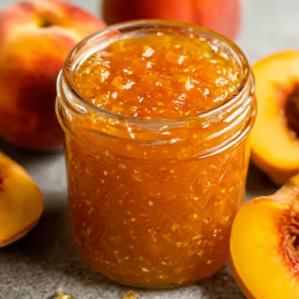 Toast topped with fresh peach jam beside a jar
