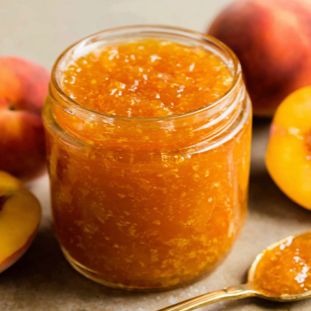 Spoon dipping into a jar of glossy peach jam